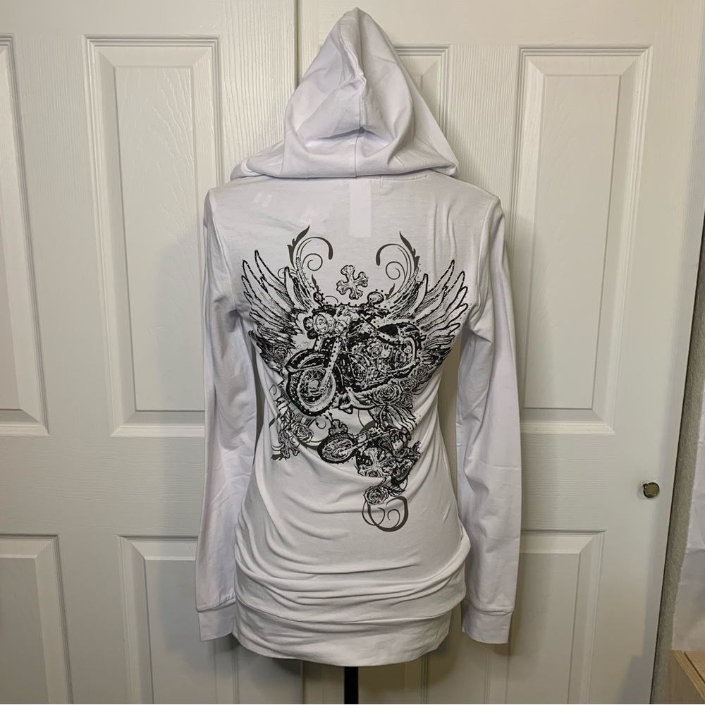 LA Motorcycle Rhinestone Hooded Long Sleeve Top - Picture 3 of 4